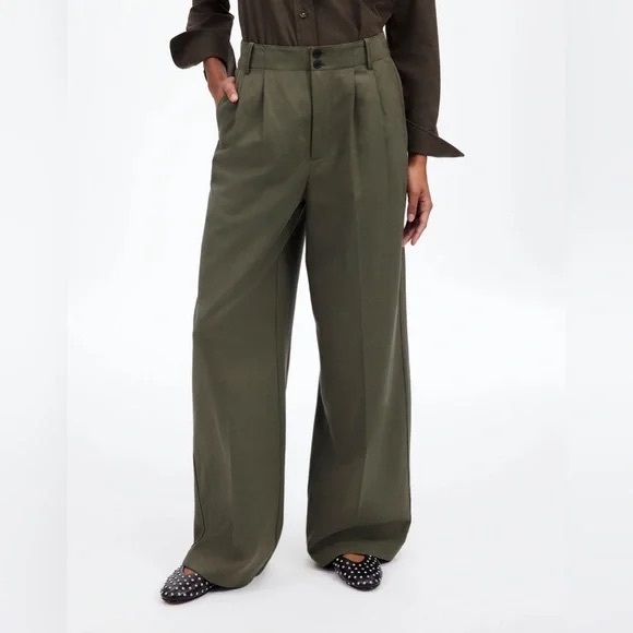 Madewell Pants - Madewell Harlow Wide Leg Pants Women 6 Olive Linen Blend High Rise Pleated